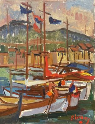 painting of boats docked in a harbor with a mountain in the background