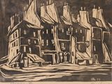 une image représentant un dessin en noir et blanc d'une rue de la ville