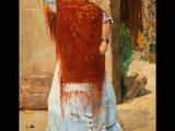 painting of a woman in a red shawl standing in front of a building