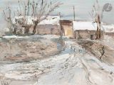 tableau représentant une route enneigée avec une maison et des arbres en arrière-plan