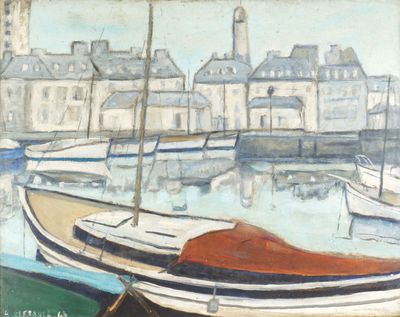 une peinture de bateaux dans un port avec des bâtiments à l'arrière-plan