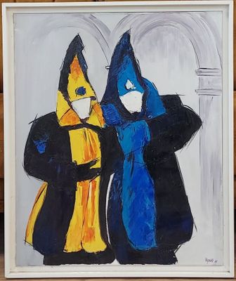 un tableau représentant deux personnes vêtues de bleu et de jaune