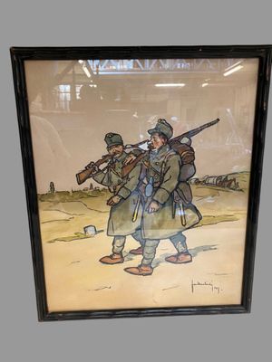tableau représentant deux soldats armés de fusils marchant dans le désert