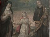 an old painting of a woman holding hands with a man and a woman