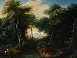 tableau représentant un paysage boisé avec une rivière et des personnages au premier plan