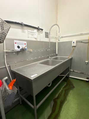 un lavabo au milieu d'une pièce au sol recouvert d'un revêtement vert