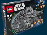 une boîte contenant des sets Lego Star Wars sur fond bleu