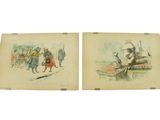 deux dessins représentant deux personnes sur un bateau sur l'eau