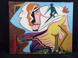 un tableau représentant un homme avec un oiseau sur l'épaule