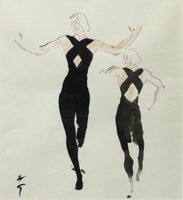 un dessin représentant deux femmes en robe noire et une autre en robe noire