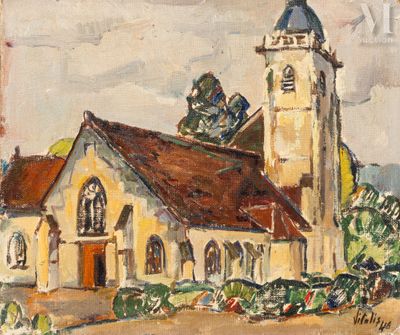 an oil painting of a church with a steeple and a clock tower