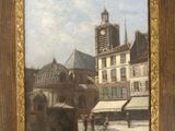 peinture d'une scène de rue avec une tour d'horloge en arrière-plan