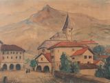 tableau représentant un village avec une église et une montagne en arrière-plan