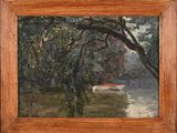 une peinture à l'huile représentant un bateau sur une rivière avec des arbres en arrière-plan