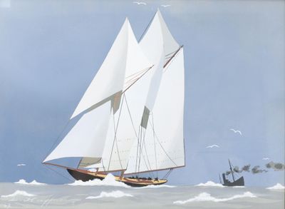 une peinture représentant un voilier naviguant sur l'océan