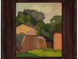 a painting of a farm scene with hay stacks in the foreground