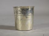 a silver cup that is sitting on a table