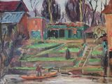 a painting of a boat on the water near a house