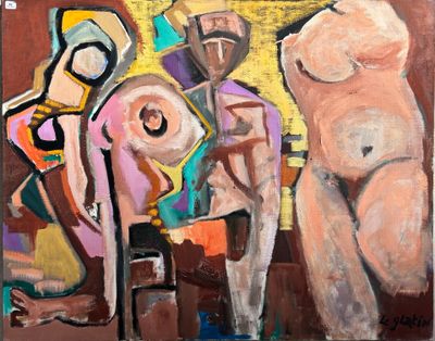 peinture abstraite représentant trois nus dans une pièce avec un miroir