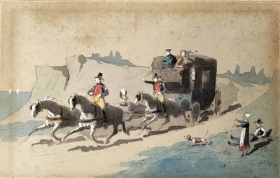 a painting of a horse drawn carriage with people on it