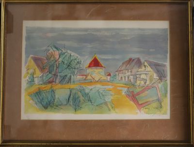 tableau encadré représentant une scène de ferme avec une grange rouge en arrière-plan