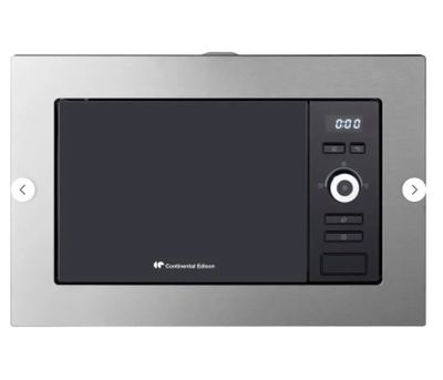 the microwave is silver and has a digital display on the front