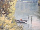 a painting of a man in a boat on the water