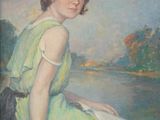 painting of a woman in a green dress sitting on a rock by the water