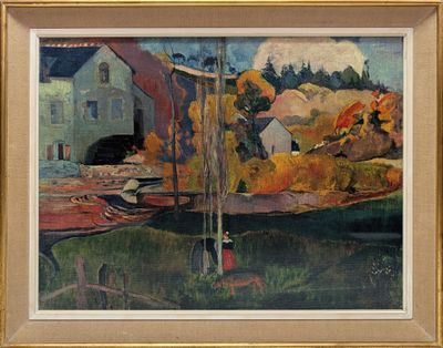 an image of a painting of a boat in a body of water with a house in the background