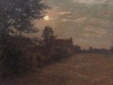 une peinture représentant une calèche tirée par des chevaux sur un chemin de terre