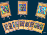 six cards of different colors and designs on a table