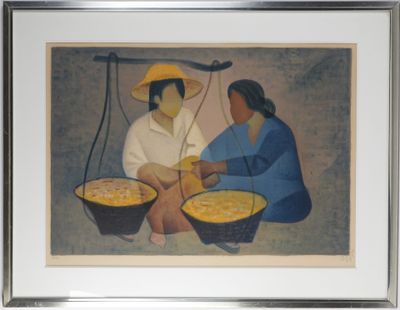 painting of two women sitting on the ground with bowls of food in front of them