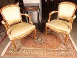 two chairs that are sitting on a rug on the floor