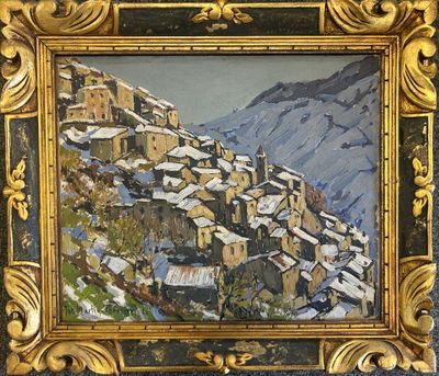 une peinture à l'huile représentant un village de montagne recouvert de neige