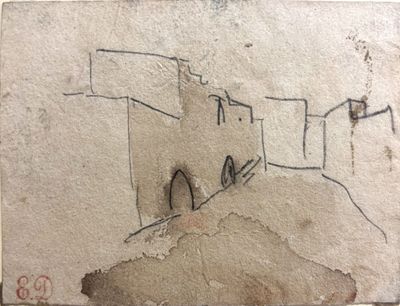 dessin représentant un château sur une colline, survolé par un oiseau