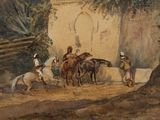 a painting of a group of people riding horses