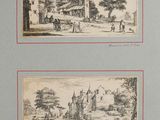 two drawings of a castle and a village with a horse drawn carriage