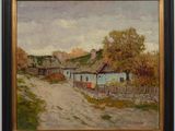 an oil painting of a dirt road with a house in the background