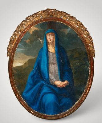 un tableau ovale représentant une femme portant un voile bleu
