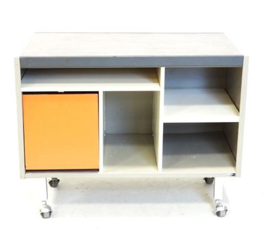 a white and orange cabinet with two drawers on casteors