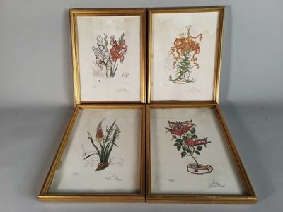 three framed prints of flowers in a gold frame on a white background