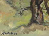 a painting of a horse standing next to a tree
