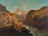 une image représentant un tableau représentant un paysage de montagne, avec une rivière au premier plan et une montagne à l'arrière-plan
