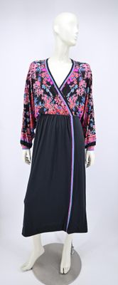 LÉONARD - Robe longue en jersey noir partiellement imprimé d…