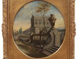 an image of a painting of a palace with a fountain
