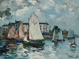 painting of sailboats in a harbor with buildings in the background