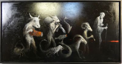 a painting of a group of animals that are in a room