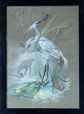 Ecole française vers 1900. Echassiers pêchant.