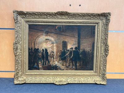 une vieille photo représentant une peinture d'un groupe de personnes dans un bâtiment