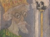 un tableau représentant un homme coiffé d'une couronne et tenant un crâne, accroché au mur